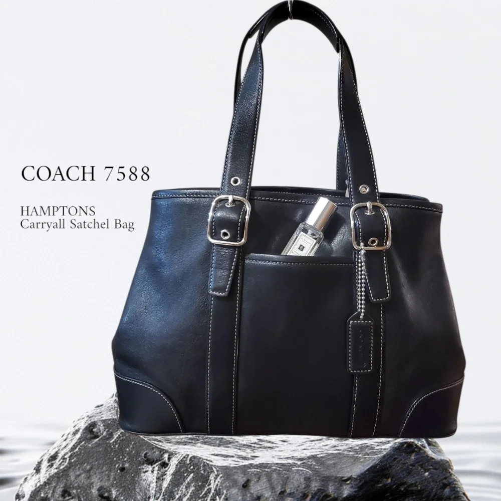 COACH Hampton 7588 Black Leather Satchel Tote Bag Contrasting Stictchung - Picture 1 of 9